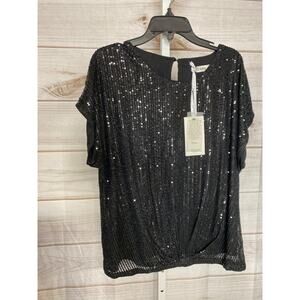 Brand New Grace Karin Women's Medium Black Short Sleeve Lined Blouse Top Sequin